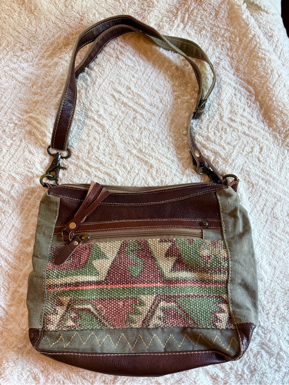Myra Canvas & Leather Tribal Pattern Crossbody Bag in Brown and Green